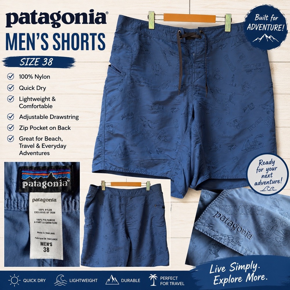 Patagonia Mens Blue Graphic Print Board Shorts Size 38 Quick Dry Nylon